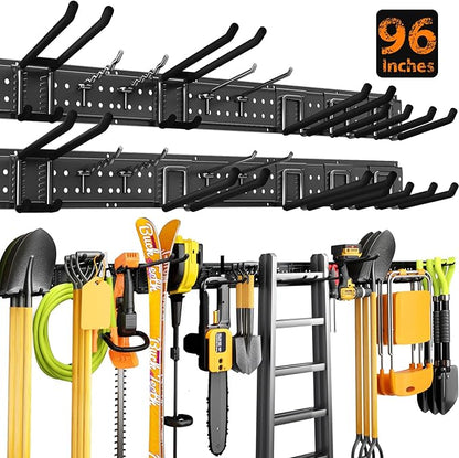 Garage Tool Organizer Wall Mount 99 inches with 18 Adjustable Heavy-Duty Hooks, Garage Organization, Garden Tool Storage Rack for Garage, Yard, and Shed, Holds Up to 750 lbs