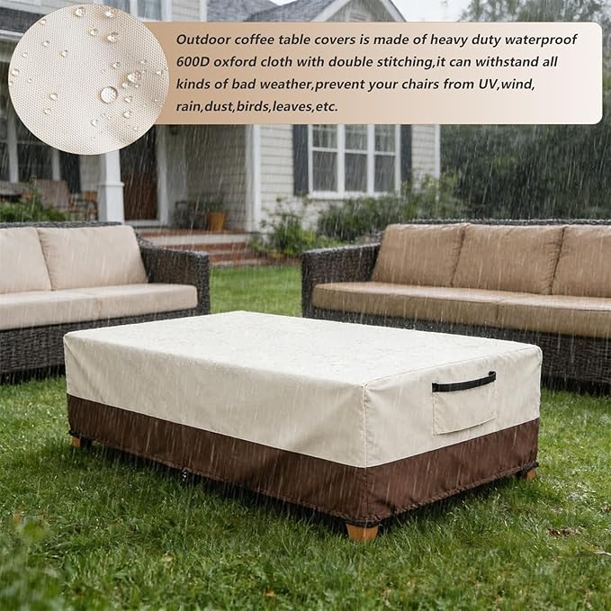Waterproof Patio Coffee Table Cover, Rectangular Outdoor Small Side Table Cover - Fits up to 48L x 28W x 16H inches, Beige ﻿