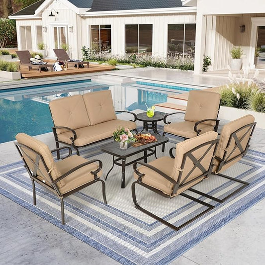 7-Piece Outdoor Metal Furniture Sets Patio Conversation Set, Wrought Iron Loveseat, 2 Dining Chairs, 2 Spring Chairs and Coffee Table, Brown