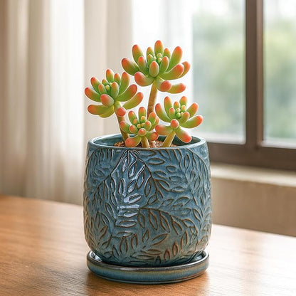 D'vine Dev 4 Inch Embossed Leaves Stoneware Planter Pot with Drainage Hole and Saucer, Ocean Teal, 27-A-Z-8