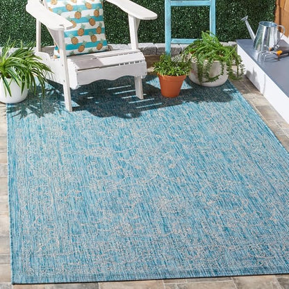 SAFAVIEH Washable Rug Outdoor Courtyard Collection - 4' x 5'7", Aqua Blue & Grey, Non-Shedding & Easy Cleaning, Ideal for Patio, Backyard, Mudroom (CY8680-37121)