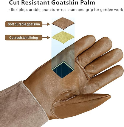 Leather Gardening Gloves – Goatskin Palm & Cowhide Cuff, Thorn-Resistant Long Garden Work Gloves
