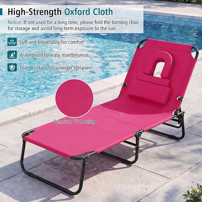 GYMAX Tanning Chair, 330lbs Beach Lounge Chair with Face Hole, Detachable Washable Pillow & Carry Strap, Adjustable Folding Chaise Lounge, Layout Chair for Outside, Patio, Poolside, Lawn (2, Pink)