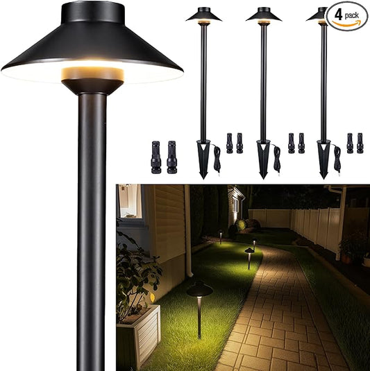 Gardenreet 12v Landscape Lighting Brass - Low Voltage Pathway Lights IP65 Waterproof, Hard-Wired Path Light Outdoor, Mushroom-top Black for Exterior Area Patio House G4 Bulb Not Included (4 Pack)
