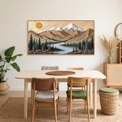 CHDITB Mountain Framed Wall Art, Long Horizontal Mountains Wall Decor, Sun Lake Pine Trees Nature Wall Painting, Modern Rustic Farmhouse Landscape Art Prints for Bedroom Office Decoration 20"x40"