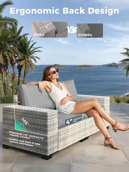 10 Piece Outdoor Wicker Rattan Sectional Sofa Set with Swivel Chairs & Fire Pit Table, 7-Seats with 4" Thickened Cushions & Coffee Table, All-Weather PE Rattan for Garden, Backyard, Porch, Grey
