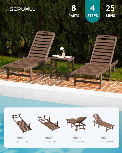 SERWALL Patio Chaise Lounge Set of 2, Outdoor Lounge Chair with 5 Positions Adjustable Backrest, HDPE Lounger with Rolling Wheels & Cup Holder for Poolside, Beach, Garden, Brown