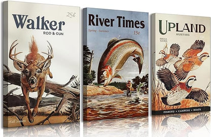 3Pcs Retro Hunting Canvas Wall Art Outdoorsy Wild Animal Wall Decor Pictures Nature Wilderness Deer Wild Duck Fishing Posters Prints Gift Send Hunter Dad For Farmhouse Living Room Bedroom Decoration