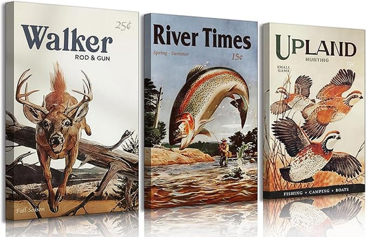 3Pcs Retro Hunting Canvas Wall Art Outdoorsy Wild Animal Wall Decor Pictures Nature Wilderness Deer Wild Duck Fishing Posters Prints Gift Send Hunter Dad For Farmhouse Living Room Bedroom Decoration
