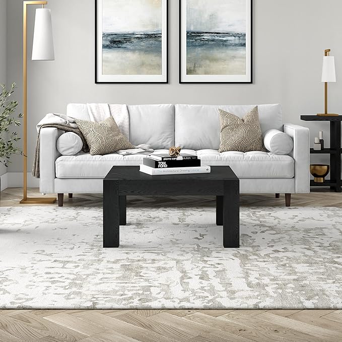 Henn&Hart 34" Square Coffee Table with Wood Top for Living Room, Family Room, Office, or Apartment, Black Grain
