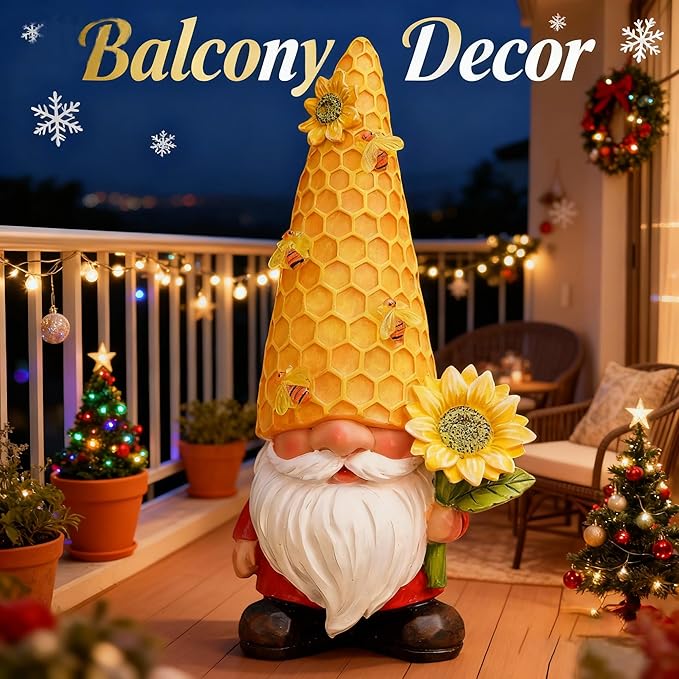 12.3''Garden Gnomes Outdoor Statues Clearance for Garden Decor with Solar Bee Lights,Christmas Decorations Gnomes Outside Decor - Sunflower Gift for Women Mom,Yard Art Ornament for Patio Lawn