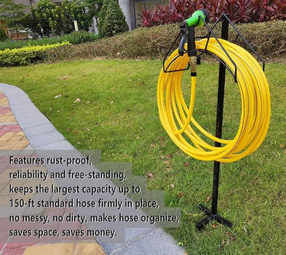 Artigarden Freestanding Garden Hose Holder Hanger, Heavy Duty Metal Water Hose Reel Storage Stand Rack for Yard Lawn, Bright Black (Hose not Included)