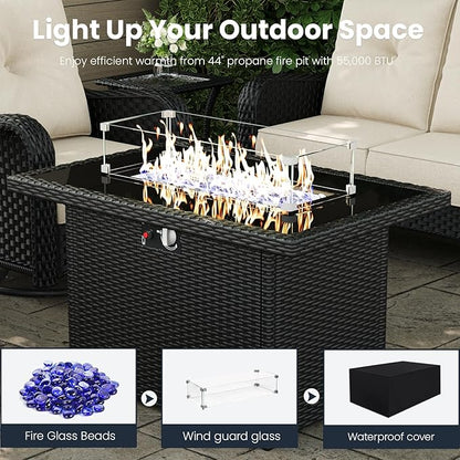 7 Pieces Outdoor Patio Furniture Sets with Rocking Swivel Chairs with 6-inch Thick Cushion and Fire Pit Table for Deck Lawn
