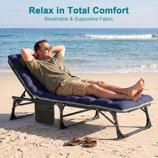 ABORON Tanning Chair, 5-Position Padded Folding Chaise Lounge | 5-position folding chaise lounge supports 400 lb and has a removable cushion and pillow for sunbathing, poolside or patio.