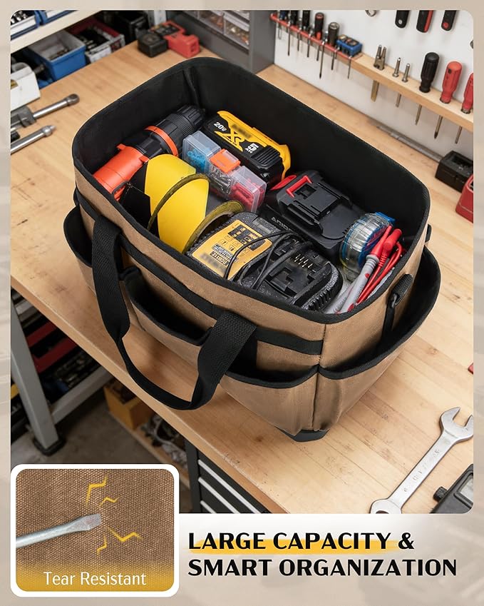 Marscamd Waxed Canvas Tool Bag with Hard Bottom and 8 Pockets, Large Tool Tote with Shoulder Strap for Tools & Gardening, Khaki