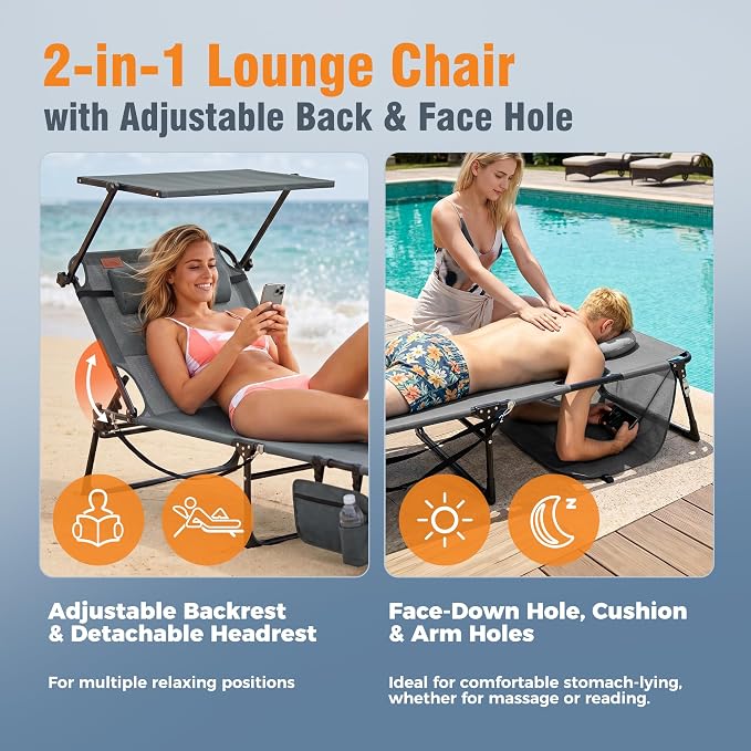 Tanning Chair with Face Hole & Canopy, 28'' Extra Wide, Dark Grey | Folding Chaise Lounge Chair with 4-Position Adjustable Backrest for Beach, Pool, Patio & Camping