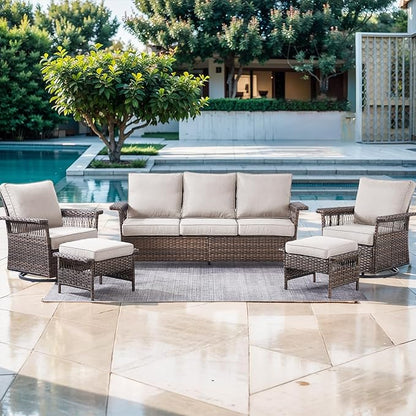 Patio Furniture Set 2 Wicker Swivel Glider Chairs 2 PE Rattan Ottomans with Patio PE Rattan Sofa Brown Wicker Beige Cushions Patio Conversation Set 5pcs for Garden Balcony Backyard
