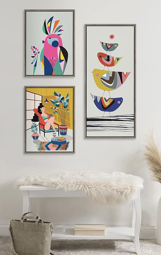 Kate and Laurel Sylvie The Family Tree Mid-Century Modern Framed Canvas Wall Art by Rachel Lee of My Dream Wall, 18x40 Gray, Adorable Bird Art for Wall