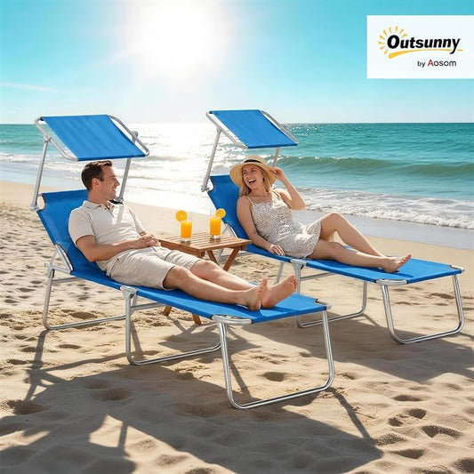 Outsunny Outdoor Lounge Chairs Set of 2, Adjustable Folding Chaise Lounges, Tanning Chairs with Sun Shade for Beach, Camping, Hiking, Backyard, Blue