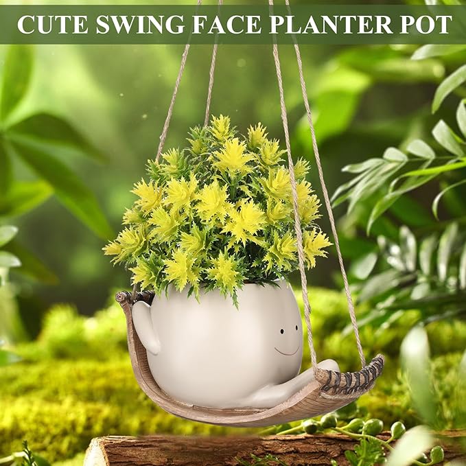 Nuogo 3 Pack Hanging Swing Chair Planter Pots Cute Wall Hanging Planter Pot Swing Face Pot with Drainage Holes Head Pots for Indoor Outdoor Plant Home Decor(Cute)