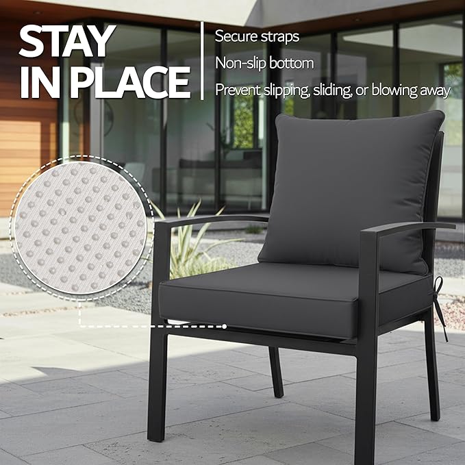 24x24 Inch Outdoor Chair Cushions Set of 2, Patio Furniture Cushions - Removable Cover, Water-Repellent, Fade-Resistant, Non-Slip Bottom & Straps, Replacement for Deep Seat Sofa & Couch - Dark Grey