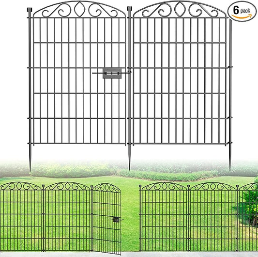 No Dig Decorative Garden Fence 6 Panel with Gate - 36in H x 12.1 ft L, Tall Animal Barrier for Dogs Rabbits, Rustproof Metal Wire Panels for Yard, Patio, and Outdoor Border Use