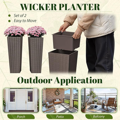 JUMMICO Set of 2 Resin Rattan Tall Planters for Outdoor Plants, Large Tapered Planters with Drainage Holes&Inner Trays, Flower Pots for Garden, Patio, Porch, Backyard (Brown, 24'')