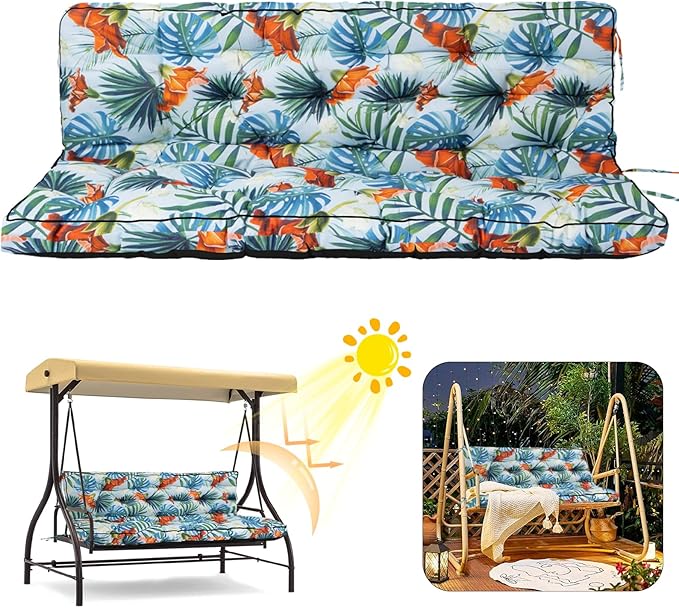 2/3 Seater Swing Replacement Cushion, Waterproof Porch Swing Cushions with Backrest, Thickened Bench Cushions for Outdoor Furniture, for Outdoor Patio Swing (Summer, 63 * 40in)