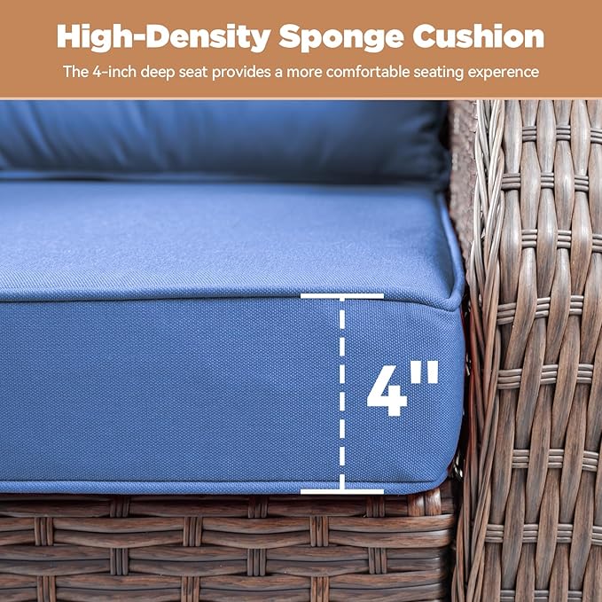 Outdoor Patio Furniture Set-9 Piece High Back Outdoor Furniture Set Sectional Sofa with Wicker Swivel Rocker Patio Chairs,Thick Cushions Ottomans for Porch Balcony Patio Deck Brown/Blue