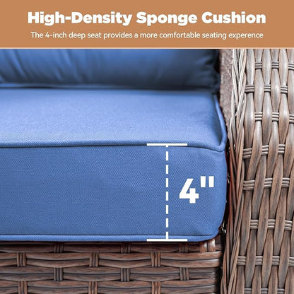 Outdoor Patio Furniture Set-8 Piece High Back Outdoor Furniture Set Sectional Sofa with Wicker Swivel Rocker Patio Chairs,Thick Cushions Ottomans for Porch Balcony Patio Deck Brown/Blue