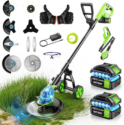 20000 RPM Electric Weed Wacker Cordless, 12″ Brushless Weed Eater Battery Powered with Wheel, 4-in-1 Grass Trimmer/Brush Cutter/String Trimmer, Lawn Mower Edger Stringless Weed Trimmer, 2 Battery Tool