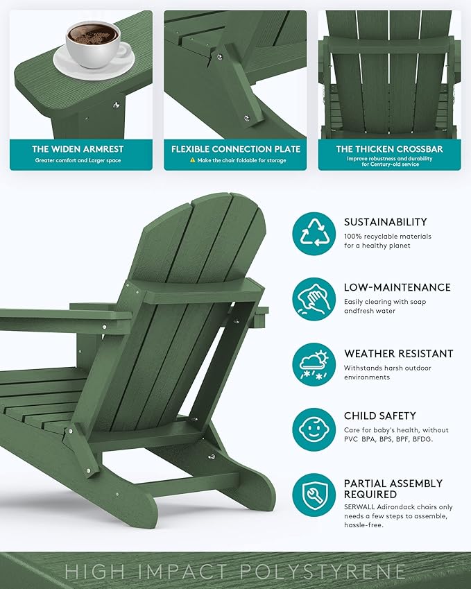 SERWALL Folding Adirondack Chair for Patio Garden, All-Weather Outdoors Chairs with Cup Holder, Wooden Textured Fire Pit Chairs for Poolside, Backyard, Lawn - Army