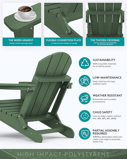 SERWALL Folding Adirondack Chair for Patio Garden, All-Weather Outdoors Chairs with Cup Holder, Wooden Textured Fire Pit Chairs for Poolside, Backyard, Lawn - Army