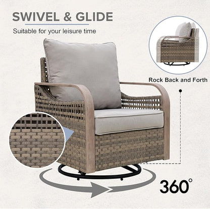 COOS BAY Modern Wicker Outdoor Furniture Set, Patio Conversation Set with Swivel Rockers, 2 Seat Loveseat, and Ottomans, 5 Piece, Brown/Gray
