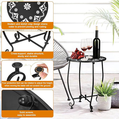 2 Pack 14Inch Outdoor Side Tables for Patio, Weather Resistant Steel Patio Side Table, Small Round Outdoor End Table Metal Side Table for Patio Yard Balcony Garden Black (Flowers)