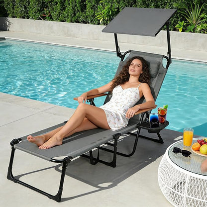 Beach Lounge Chair with Sun Shade, Folding Outdoor Chaise Lounge Chair with Arms, 4-Position Backrest, Extended Sun Tanning Chair Pillow & Cup Holder, Patio Lounger for Outside for Beach Pool(Gray-U)