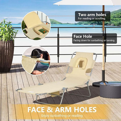 Sun Tanning Chair with Face Hole, Heavy Duty Adjustable 5-Position Folding Laying Out Chairs for Tanning, Beach Lounge Chairs for Adults for Outdoor Sunbathing Patio Pool Lawn (Beige)