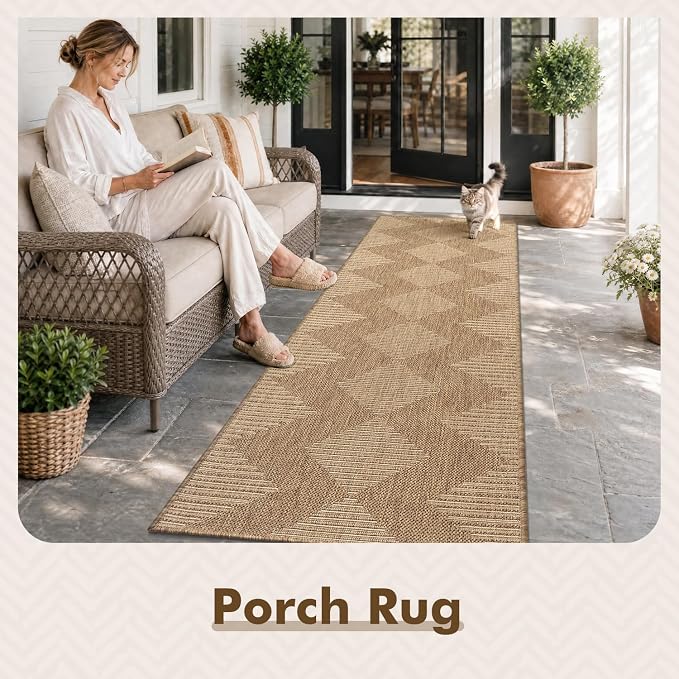 MontVoo-2x8 ft Indoor Outdoor Runner Rugs for Entryway Porch Hallway Kitchen Door Entrance Long, Textured Weave Polypropylene, Durable for High Traffic, Fade-Resistant, Boho Geometric Neutral Brown