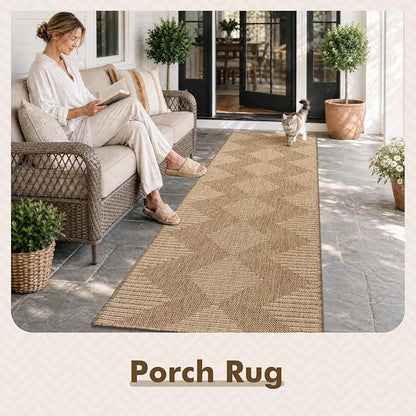 MontVoo-2x8 ft Indoor Outdoor Runner Rugs for Entryway Porch Hallway Kitchen Door Entrance Long, Textured Weave Polypropylene, Durable for High Traffic, Fade-Resistant, Boho Geometric Neutral Brown