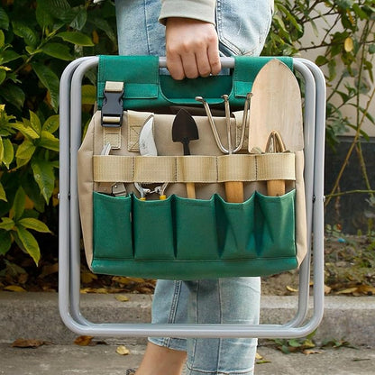 Folding Gardening Stool with Detachable Storage Tote Bag, Portable Garden Seat for Elderly Seniors, Heavy Duty Garden Chair for Gardening, Fishing, Camping, Outdoor & Indoor Use (Green+Khaki)