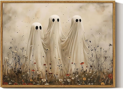 InSimSea Framed Canvas Prints Art Vintage Decor, Cute Ghosts in Wildflower Meadow Painting, Moody Spooky Halloween Fall Wall Art for Living Room Bedroom Bathroom Halloween Wall Decor, 12x16inch