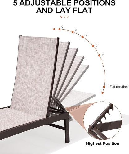 Crestlive Products Outdoor Lounge Chairs, Metal Pool Chaise Lounge Chairs, Adjustable Five-Position Tanning Recliner, All Weather for Patio, Beach, Yard, Pool (1PC Beige)