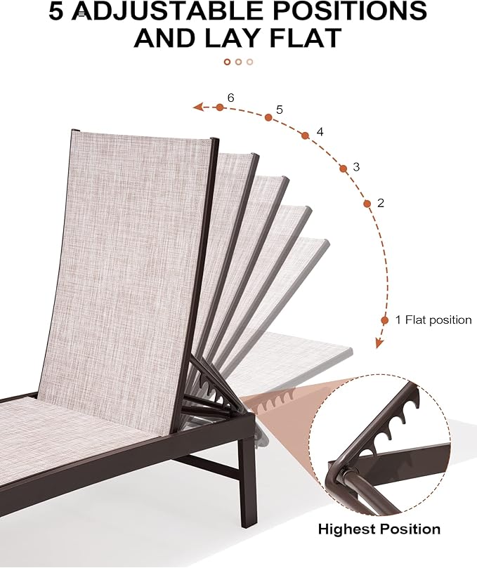 Crestlive Products 2PCS Chaise Lounge Chairs Outdoor with 1PC Side Table, Aluminum Patio Lounge Set, Adjustable Five-Position Recliner for Beach, Pool, Sunbathing, Lawn, Yard