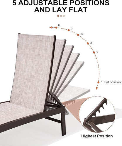 Crestlive Products 2PCS Chaise Lounge Chairs Outdoor with 1PC Side Table, Aluminum Patio Lounge Set, Adjustable Five-Position Recliner for Beach, Pool, Sunbathing, Lawn, Yard