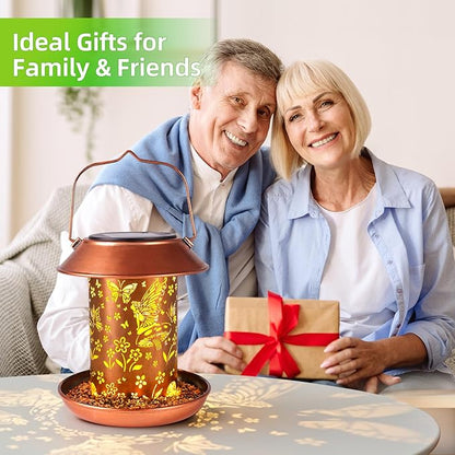 Bird Feeders for Outdoors Hanging Metal Butterfly Solar Bird Feeder Waterproof Solar Lantern Decor Garden Gifts for Women Mom Friends Birds Lovers Decoration for Yard,Patio,Lawn,Christmas