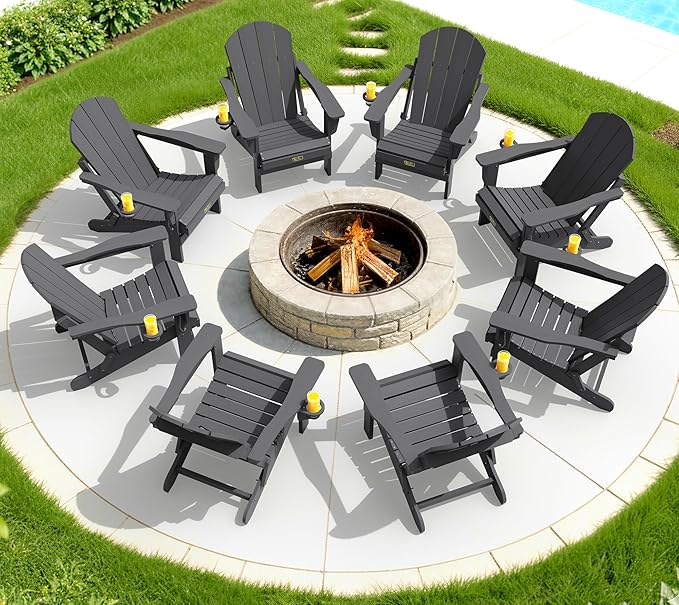 SERWALL Folding Adirondack Chair with Cup Holder Set of 6, Weather Resistant HIPS Lawn Chairs, Wooden Textured, Fire Pit Chairs for Backyard, Garden, Fire Pit- Gray