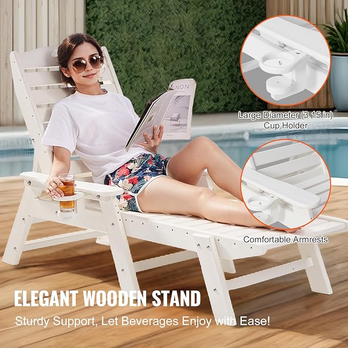 VEVOR Chaise Lounge Chair, 400 lbs Weight Capacity, 6 Positions Adjustable Patio Lounge Chair, Outdoor HDPE Lounge Chair with Backrest & Cup Holder, for Pool Poolside Deck Backyard Lawn, White