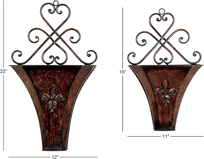Deco 79 Metal Scroll Indoor Outdoor Wall Planter Indoor Outdoor Weathered Hanging Hanging Planter with Fleur-De-Lis Accent, Set of 2 Plant Hanger 22", 18"H, Brown