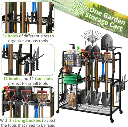 keomaisyto Garden Tool Organizer with Heavy Duty Wheels for Garage - with 2 Baskets, Large Yard Tool Organizer and Storage Holder, Utility Garden Tool Rack for/Shed/Garage/Yard/Basement/Lawn