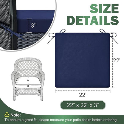 Outdoor Chair Cushions Set of 2, 22x22x3 Inch Waterproof & Fade Resistant Patio Furniture Seat Cushions with Ties, Square Outdoor Dining Chair Cushions for Lawn, Garden, Deck & Yard, Navy Blue
